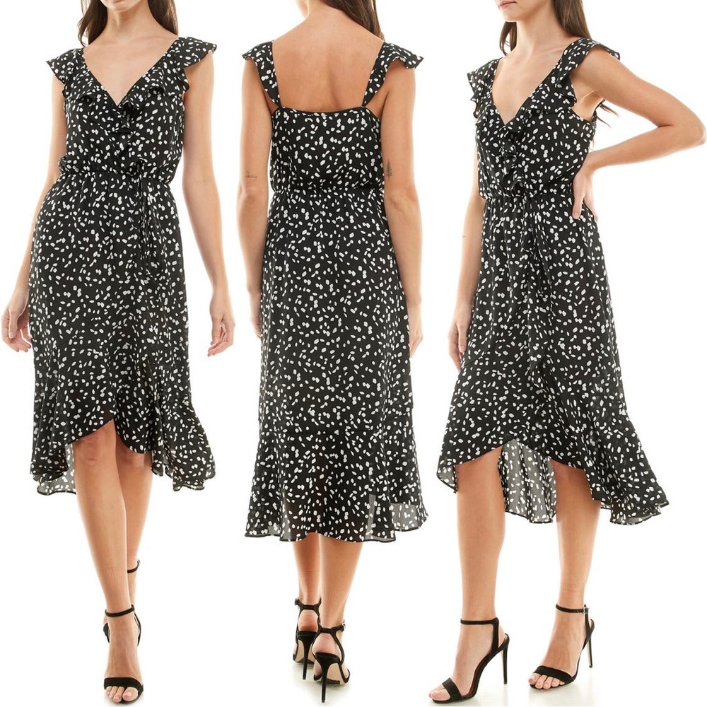 Socialite Ruffle Print Midi Wrap Dress - black and white dots